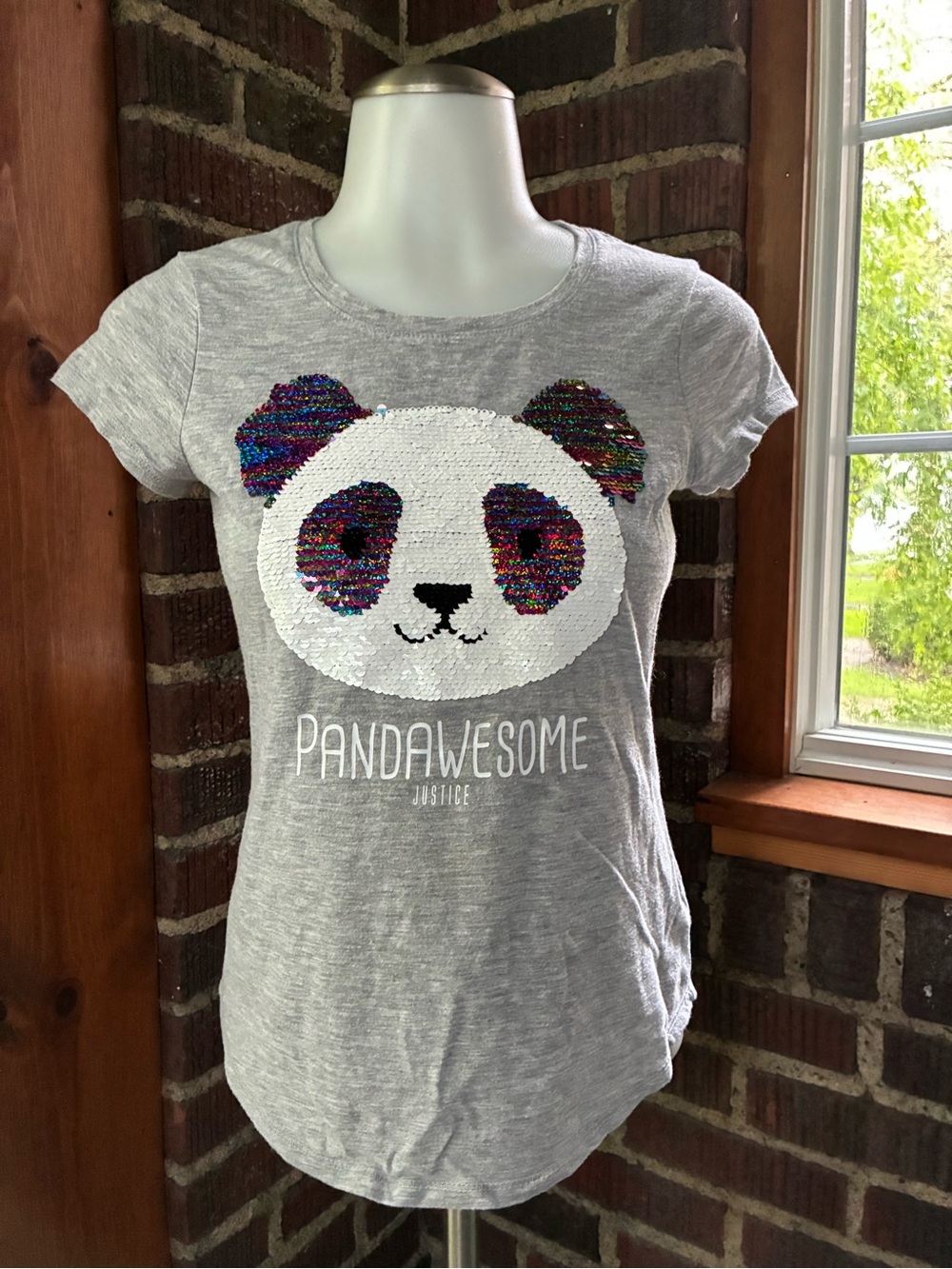 Justice Gray Short Sleeve Tee with Sequin Panda